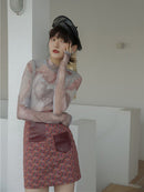 CHEERART Sheer T-Shirt Frauen Rollkragen Mesh Top Malerei Druck Langarm T-Shirt Femme Body Tight Unterwäsche Herbstkleidung