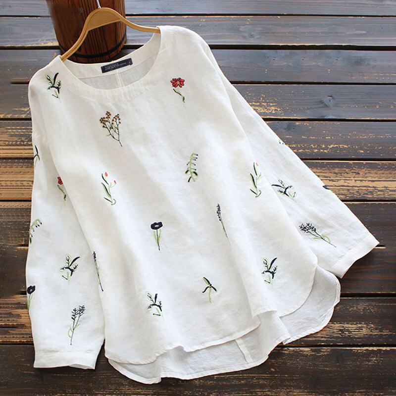 2022 New Casual Loose Irregular Embroidered Blouse Retro Long Sleeve Round Neck Women's Long Sleeve Shirts Camisas