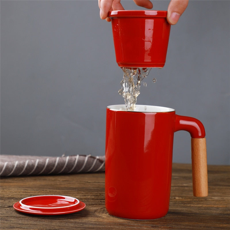 450ml FSILE Ceramic Large Capacity Mug Japanese Style Stoneware Office Cup with Wooden Handle Gift Mug with Lid Tea Separation