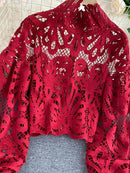 Sexy Spitze Aushöhlen Kurze Bluse Casual Laterne Langarm Stehkragen Shirts Damen Elegant Rot/Rosa/Weiß Lose Tops 2020