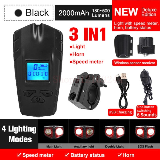 Fahrradlicht USB wiederaufladbare Fahrrad Kilometerzähler Frontlicht Taschenlampe mit Computer LCD Tachometer Radfahren Kopf Laterne Hupe