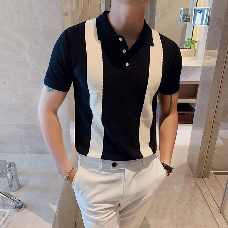 POLO informal de punto de manga corta para hombre, camisa POLO de seda helada con solapa ajustada británica de Color en contraste, ropa para hombre 2020