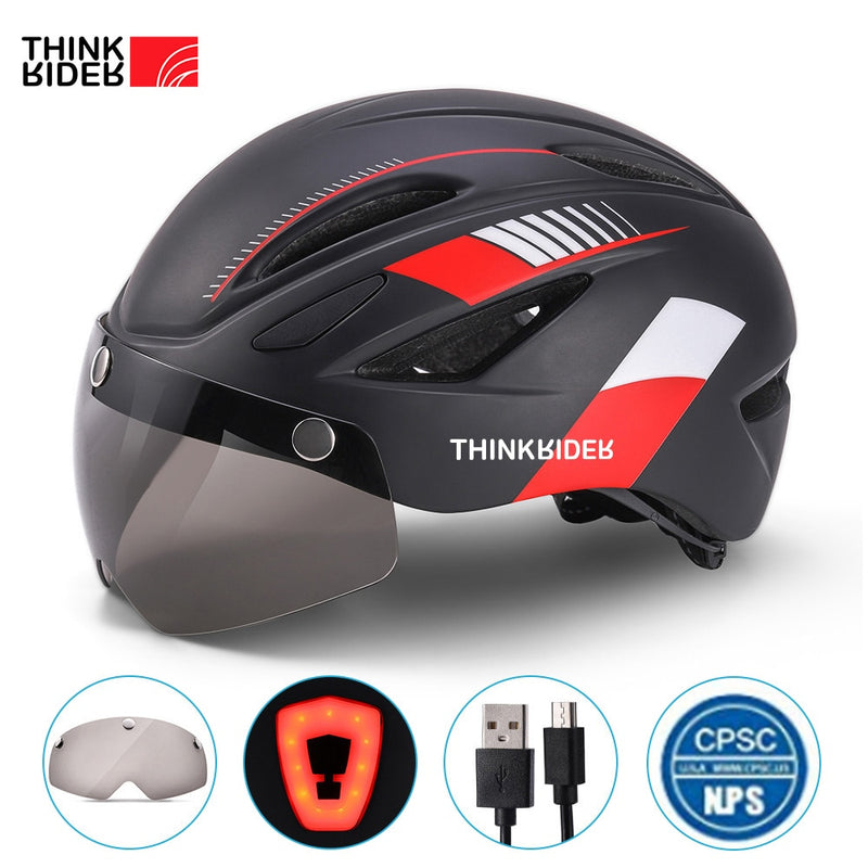 ThinkRider Cycling Helmet with Visor Magnetic Goggles and Tail lights  58-61cm for Men Women MTB Road Bicycle  Bike Helmet