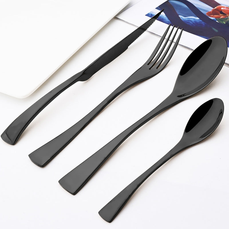 24 Pcs Shiny Black Dinnerware Cutlery Set Stainless Steel Sharp Steak Dinner Knives Forks Scoops Tableware Silverware Set