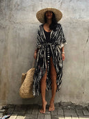 2022 Bikini-Vertuschungen Schwarz Retro Striped Self Belted Damen Sommerkleidung Kimono Kleid Beach Wear Badeanzug Cover Up Q1225