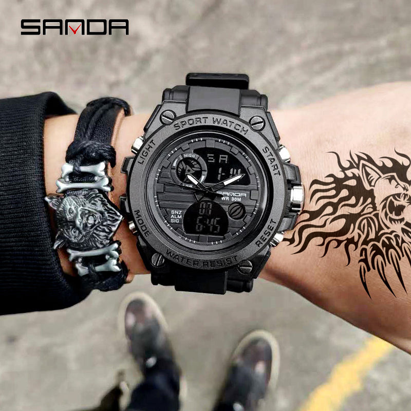 Reloj de pulsera de marca SANDA, relojes para hombre, reloj de pulsera de estilo deportivo militar, reloj de pulsera de doble pantalla para hombre, reloj resistente al agua, horas