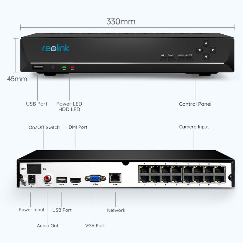 [Human/Car Detection]Reolink 16ch NVR 4/5MP 4K 12MP PoE Network Video Recorder with 3T/4TB HDD for Security IP Cameras RLN16-410