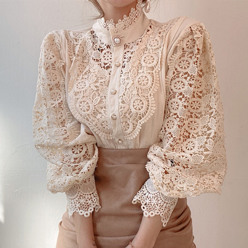 Spring Hollow Out Lace Shirt Women Blusas Mujer De Moda 2022 Office Lady Flower Blouse Stand Collar Button Female Clothing 12419