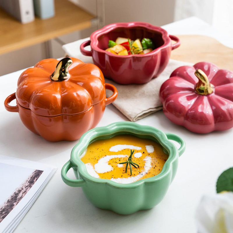 Pumpkin Shape Baking Bowl With Lid Glaze Au Gratin Soup Salad Bowl Kitchen Bakeware Oven Party Baking Pan Supplies