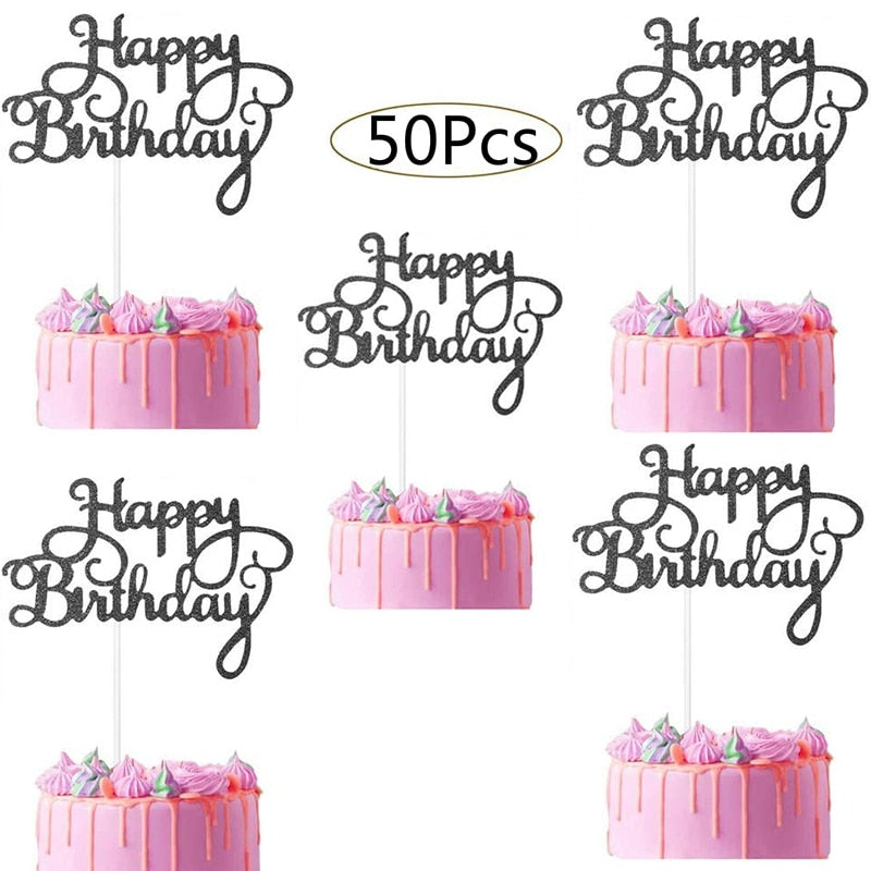 50Pcs Happy Birthday Cake Toppers Glitter Cardstock Baby Shower Kids Party Favors Decorations Cake Decoration Supplies