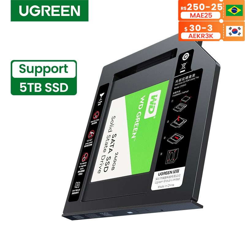 UGREEN HDD Caddy 9.5mm SATA to USB 3.0 for 2.5&quot; External Hard Drives for  Laptop DVD-ROM Optical Bay 5TB HDD SSD Case Caddy