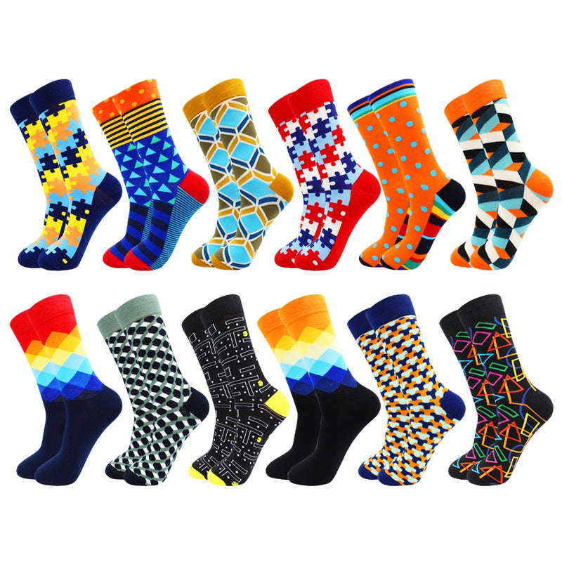 6-12 Pairs Colorful Cotton Fashion Casual Women and Men Funny Socks Stripe Grid Geometry Fun Dress Socks