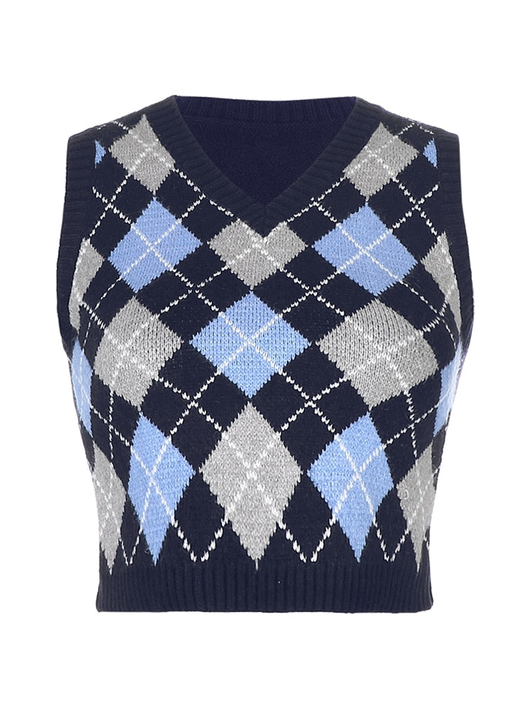 HEYounGIRL V Neck Vintage Argyle Sweater Vest Women Black Sleeveless Plaid Knitted Crop Sweaters Casual Autumn Preppy Style