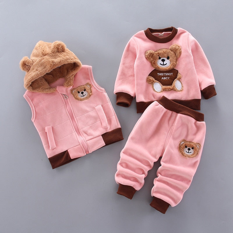 Winter Baby Girls Hooded Clothes Children Christmas Sets Vest+Coat+Pant 3 Pieces Boy Suits Cartoon Bear Garment For Kids 1-4 Age