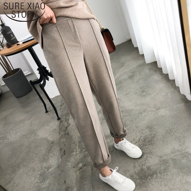 Thicken Women Pencil Pants 2023 Spring Winter Trousers OL Style Wool Female Work Suit Pant Loose Female Trousers Capris 6648