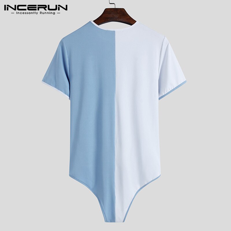 Fashion Fitness T-Shirt INCERUN Men Bodysuit T Shirts Short Sleeve Round Neck Romper Tee Tops Man Patchwork Skinny Camisetas 5XL