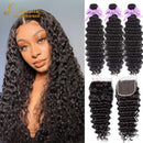 Joedir Deep Wave Bundles mit frontalen brasilianischen Haarbündeln Echthaarverlängerung 3/4 Echthaarbündel mit Verschluss Haar Remy