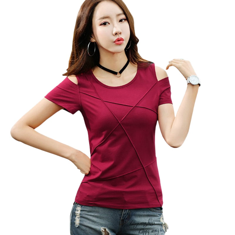 2022 Summer Fashion Women Off Shoulder Tshirt Short Sleeve Shirt Women Tops Solid Color Hole Shirt Casual Blusas New 3022