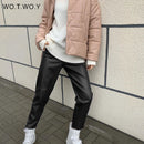 WOTWOY, pantalones de cuero sueltos empalmados de cintura alta para mujer, pantalones de cuero PU con cordón sólido para otoño, pantalones rectos para mujer 2021