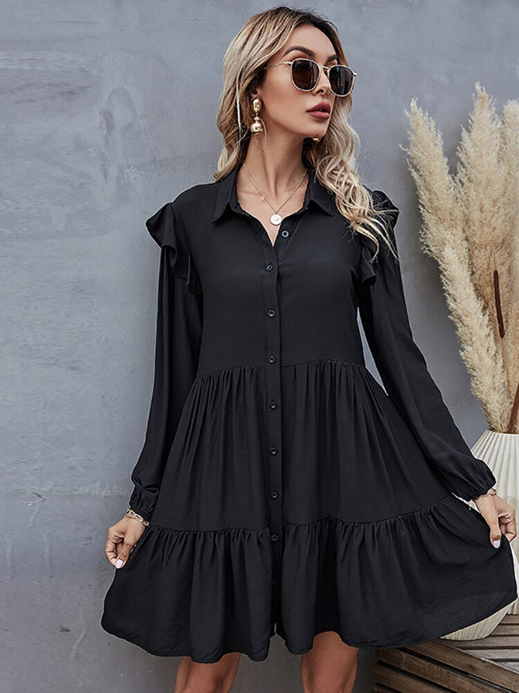 Aachoae Sommer Herbst Frauen Schwarzes Kleid Rüschen Langarm Elegantes Hemdkleid Lose Lässig Plissee Minikleid Sommerkleid Robe