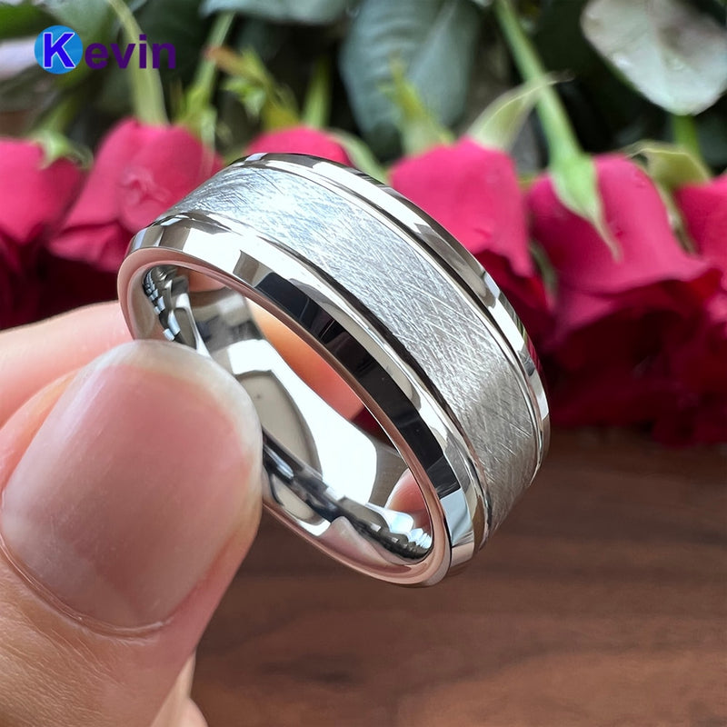 Anillo de banda de boda de tungsteno para hombres y mujeres con acabado de ranura de cepillo biselado 8MM ajuste cómodo