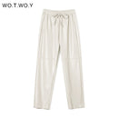WOTWOY, pantalones de cuero sueltos empalmados de cintura alta para mujer, pantalones de cuero PU con cordón sólido para otoño, pantalones rectos para mujer 2021