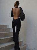 Frauen Schwarz Stretchy Bodycon Overalls Sexy Rückenfreier O-Ausschnitt Slim Flare Pants One Piece Strampler 2022 Casual Night Prom Overalls