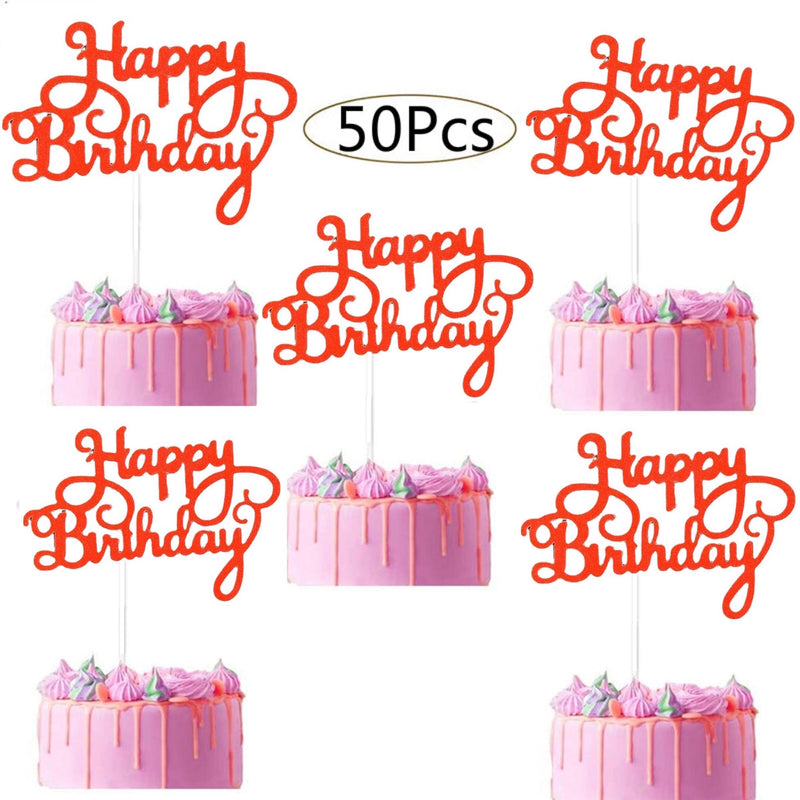 50Pcs Happy Birthday Cake Toppers Glitter Cardstock Baby Shower Kids Party Favors Decorations Cake Decoration Supplies