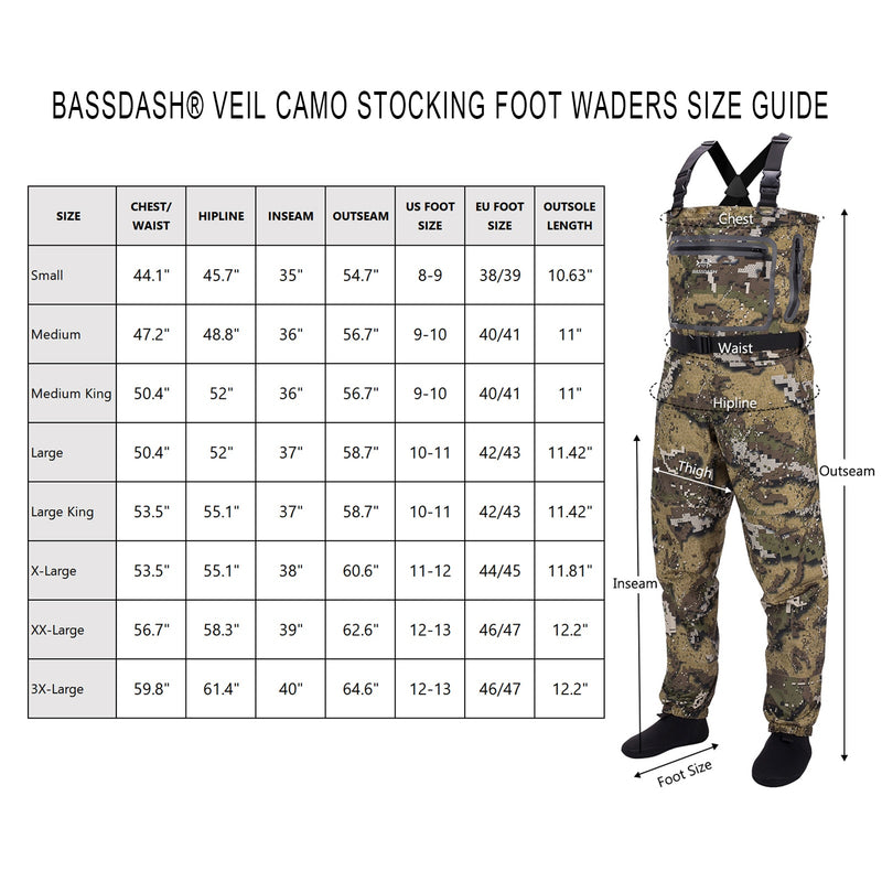 Bassdash Veil Camo Chest Stocking Foot and Boot Foot Fishing Hunting Wathosen für Herren, atmungsaktiv und ultraleicht in 13 Größen