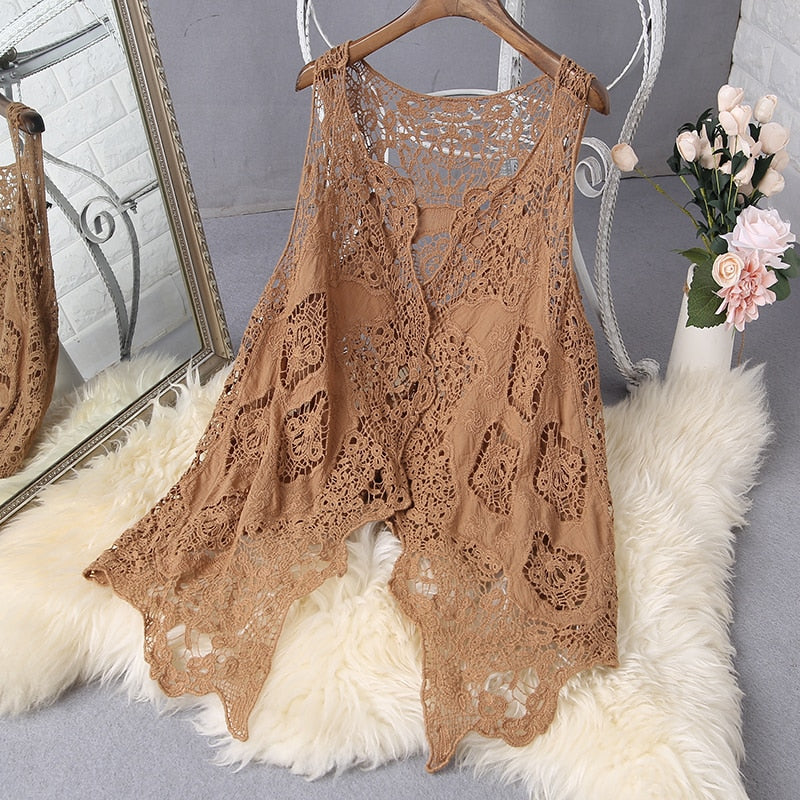 Hippie Froral parche diseño chaleco Retro Vintage Crochet verano playa cubrir Top asimétrico punto abierto Kimono cárdigan 2022