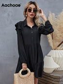 Aachoae verano otoño mujer vestido negro volantes manga larga elegante camisa vestido suelto Casual plisado Mini vestido vestido de verano bata