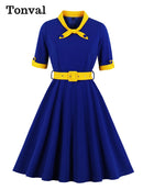 Tonval Green Contrast Bow Neck and Cuff Vintage Belted Dress Half Sleeve Herbst Damen Fit and Flare Retro Swing Kleider