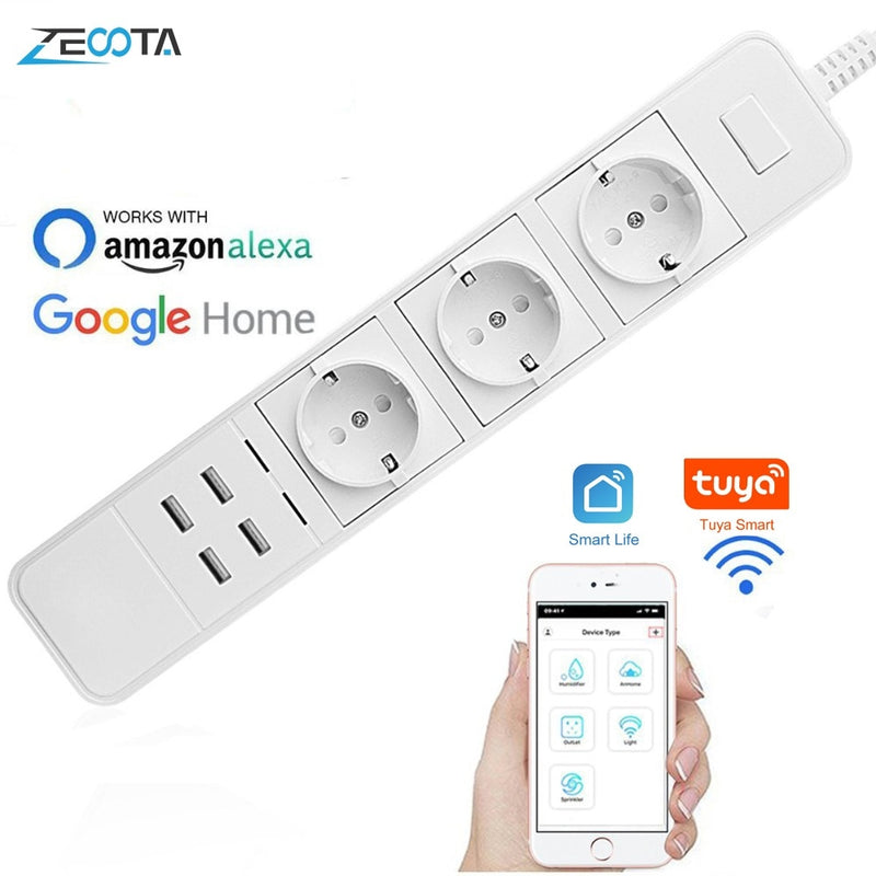 Intelligente WLAN-Steckdosenleiste, Überspannungsschutz, mehrere Steckdosen, 4 USB-Anschlüsse, Timer, Sprachsteuerung, kabellose Fernbedienung von Echo Alexa, Google Home