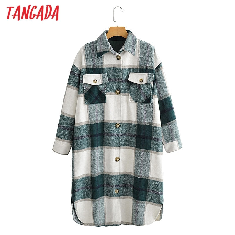 Tangada 2020 Autumn Winter Women green plaid Long Coat Jacket Casual Warm Overcoat Fashion Long Coats AI35