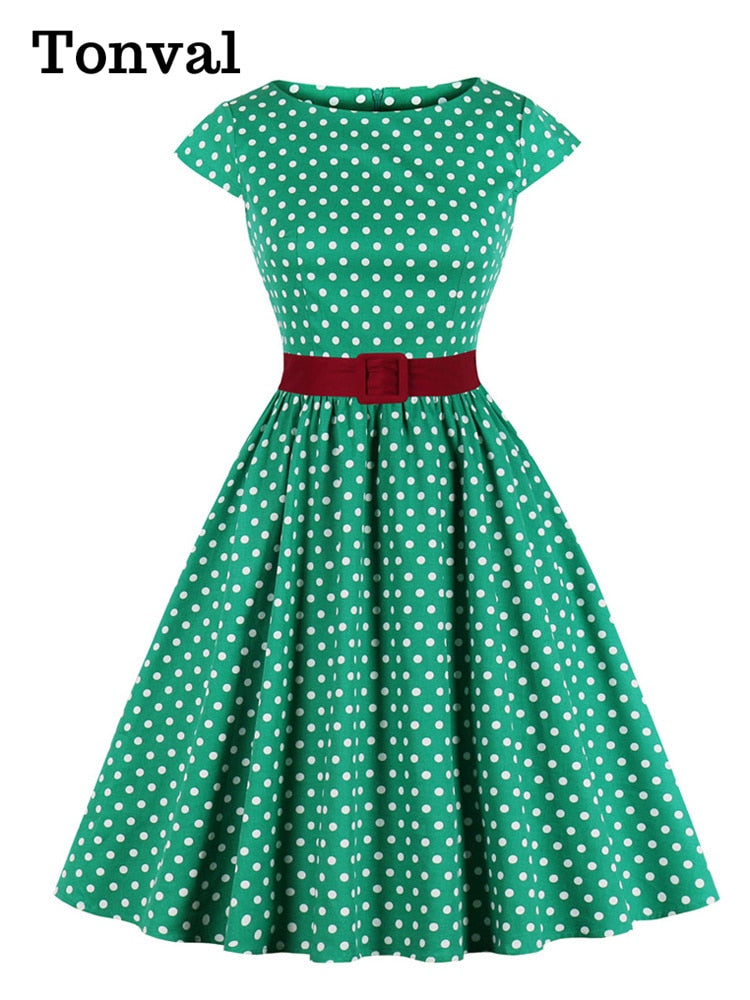 Tonval Green Retro Polka Dot 1950er Rockabilly Plissee Belted Dress Cap Ärmel Sommer Damen High Waist Vintage Kleider