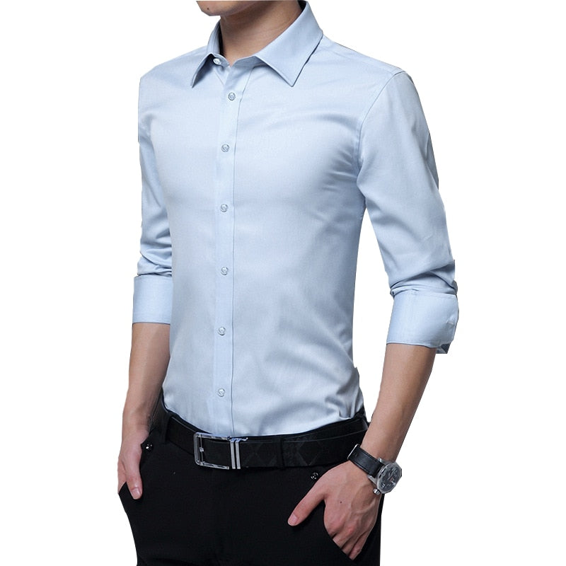 BROWON Men Fashion Blouse Shirt Long Sleeve Business Social Shirt Solid Color Turn-neck Plus Size Work Blouse Brand Clothes