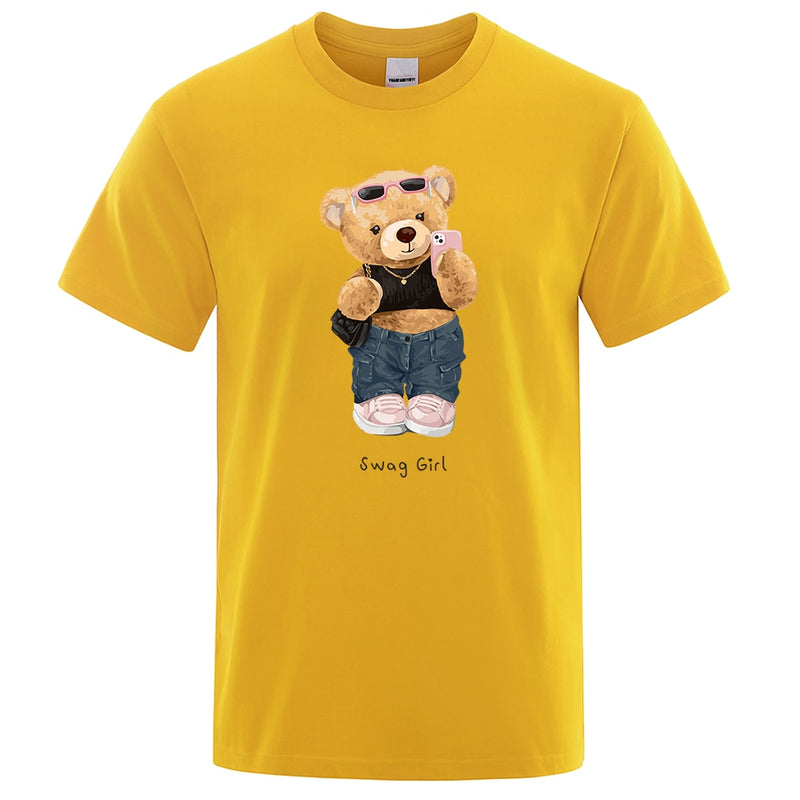 Street Teddy Bear Selfie Swag Girl  Prints Men Tops Fashion Summer T Shirt Mens Short Sleeve Hip Hop Streetwear