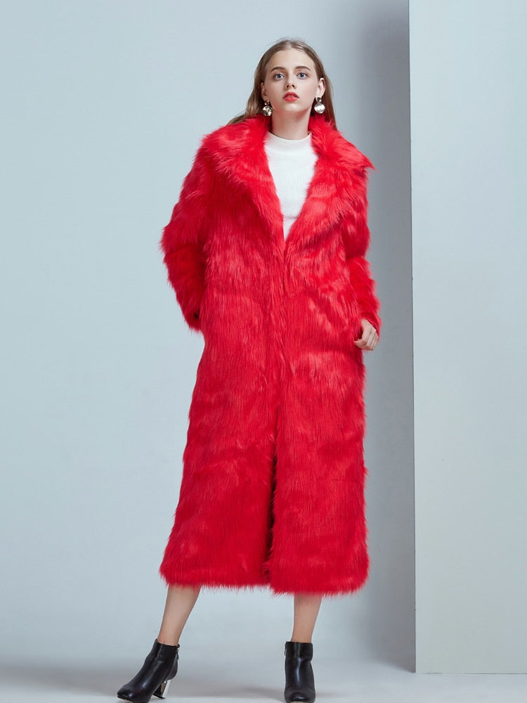 ZADORIN High Street Luxus Langer Kunstpelzmantel Damen Vintage Schlank Rot Rosa Kunstpelz Mäntel Flauschige Jacke Damen Pele