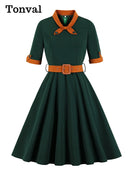 Tonval Green Contrast Bow Neck and Cuff Vintage Belted Dress Half Sleeve Herbst Damen Fit and Flare Retro Swing Kleider
