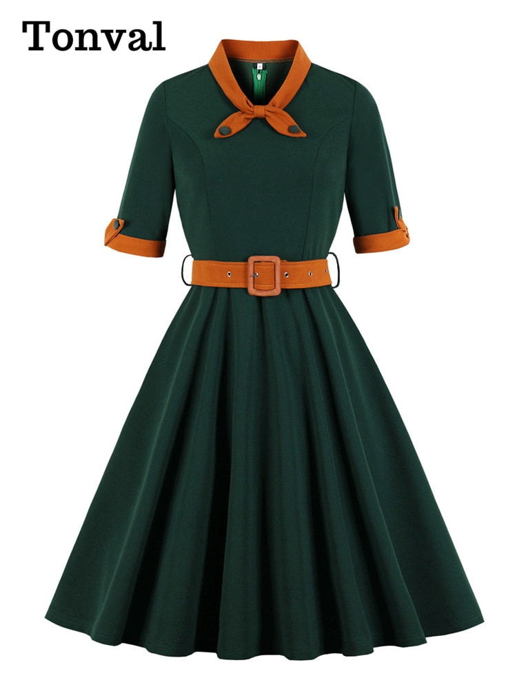 Tonval verde contraste lazo cuello y puños Vintage vestido con cinturón media manga otoño mujeres Fit y Flare Retro Swing vestidos