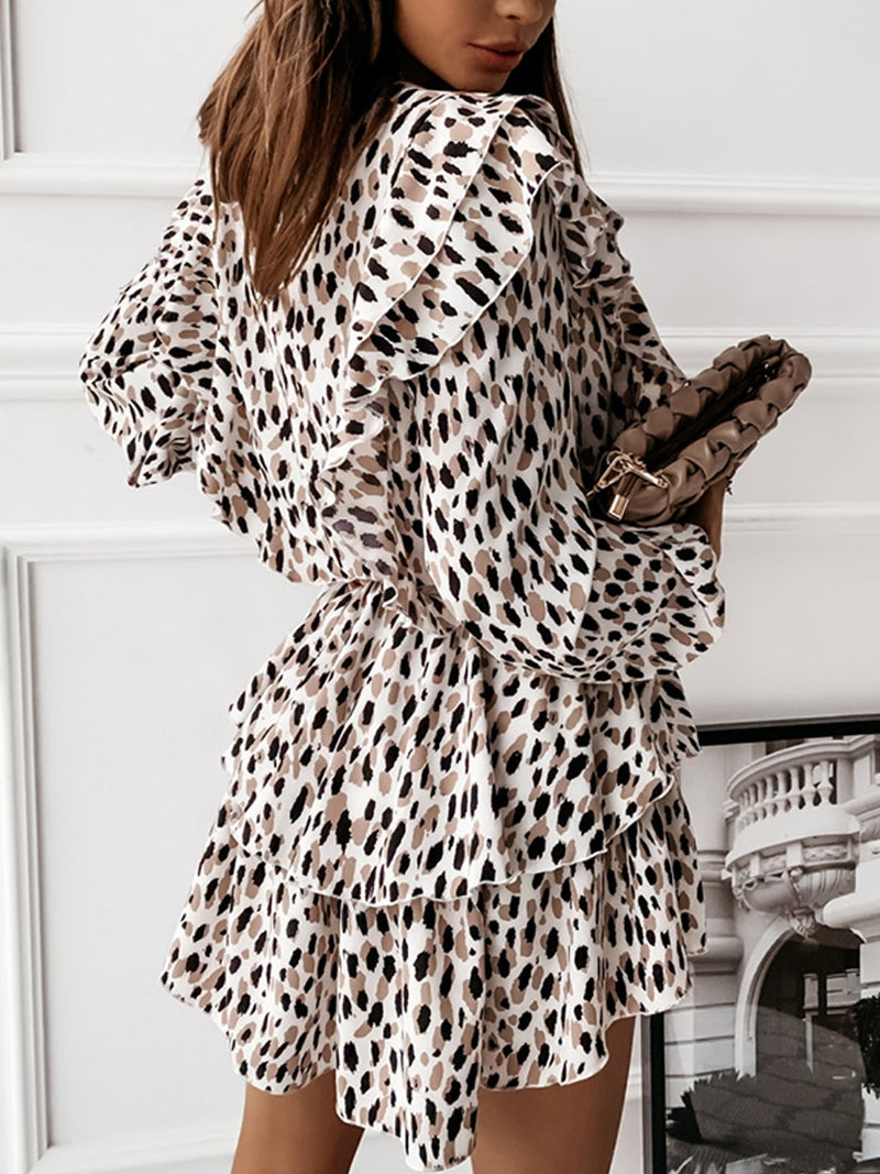 Autumn Cascading Ruffle Floral Dress Women Casual Long Sleeve A Line Leopard Print Dress Boho Female Elegant Mini Party Vestidos