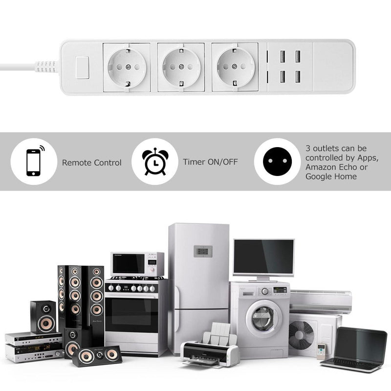 Intelligente WLAN-Steckdosenleiste, Überspannungsschutz, mehrere Steckdosen, 4 USB-Anschlüsse, Timer, Sprachsteuerung, kabellose Fernbedienung von Echo Alexa, Google Home