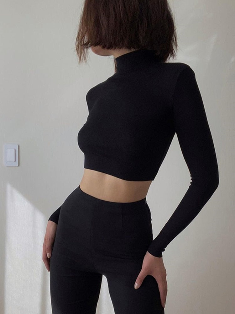 SUCHCUTE Solid Basic Long Sleeve Women T-Shirt Gothic Skinny Turtleneck Kintted Female Shirt Autumn Fashion Streetwear Crop Tops