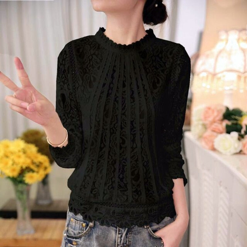 2022 Fashion Summer White Lace Women&#39;s Clothing Long Sleeve Chiffon Women Shirts Blouses Blusas Black Women&#39;s Tops Blouse 51C