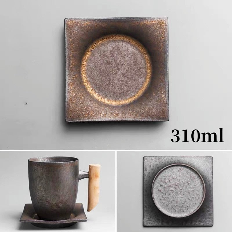 Japanese-style Vintage Ceramic Coffee Mug Tumbler Rust Glaze Tea Milk Beer Mug with Wood Handle Water Cup Home Office Drinkware