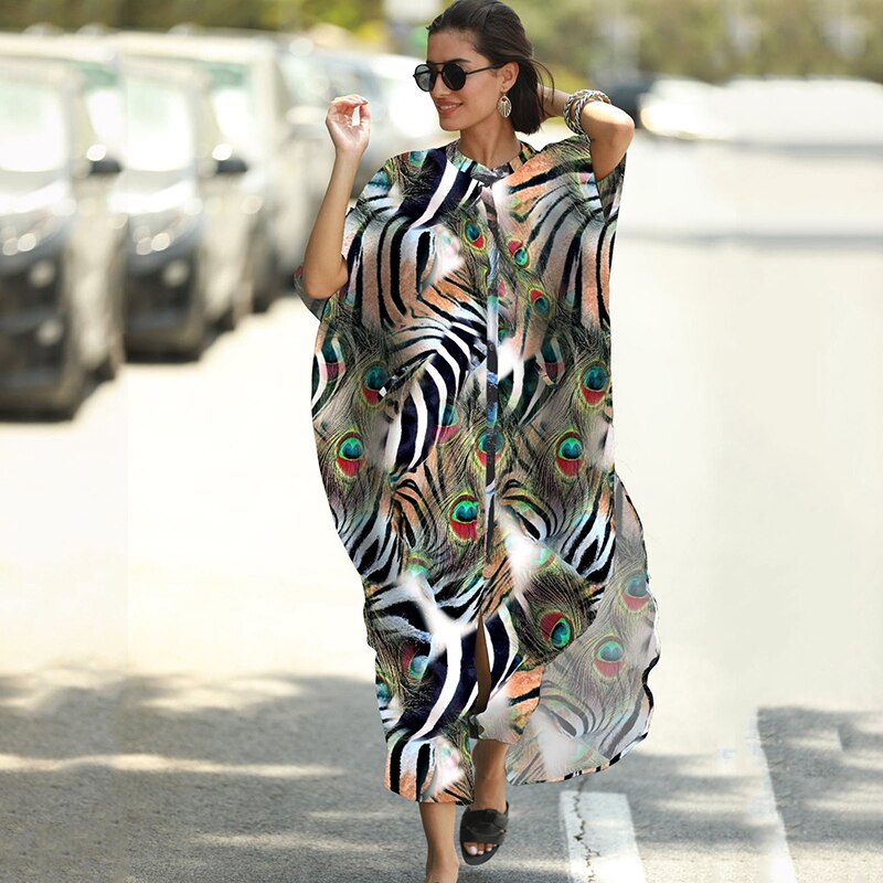 2022 Kaftan Beach Print SnakeSkin Traje de baño Cubrir Kimono Plage Beach Robe Femme Vestido largo Sarong Vestido de playa