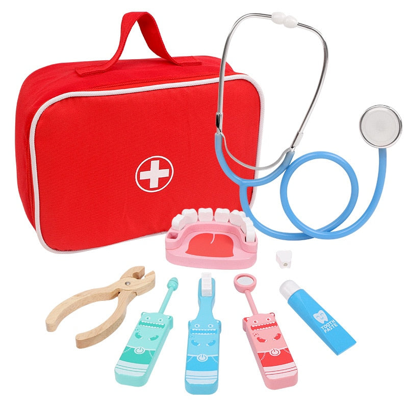 Juego de juguetes de doctor para niños, juego de simulación de madera para niños, juegos para niñas y niños, caja de medicina roja para dentista, bolsas de tela