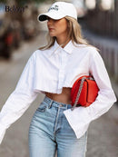 Bclout Casual Crop Top Frauen Blusen Mode Umlegekragen Weißes Hemd Aufflackernhülse Bluse Weibliche Herbst Sexy Tops Frau 2022
