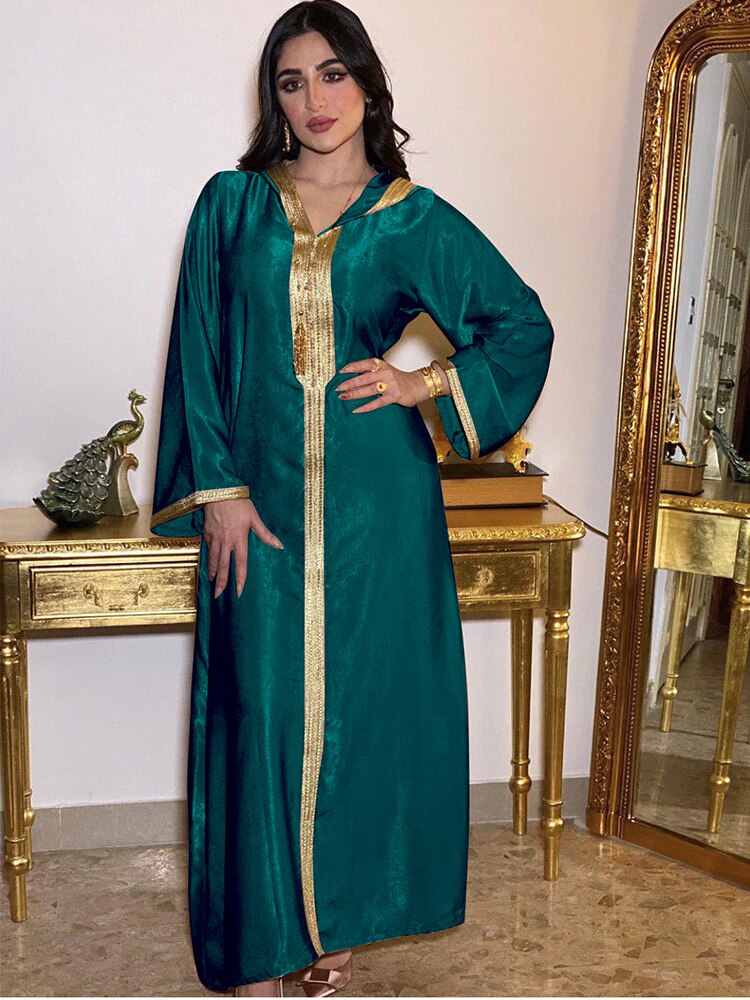 Djellaba Arabisches muslimisches langes Kleid Hoodies Dubai Abaya Damen Zopfbesatz Marokkanischer Kaftan Saudi Jalabiya Ramadan Robe Champagner