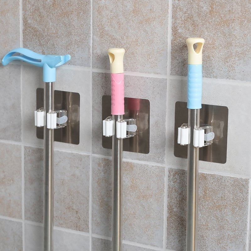 Wall Mounted Type Room Organizer Holder Rack Self Sticking Broom Hanger Hook Bathroom Mops Storage Racks PP Cleaning Tools 3Pcs